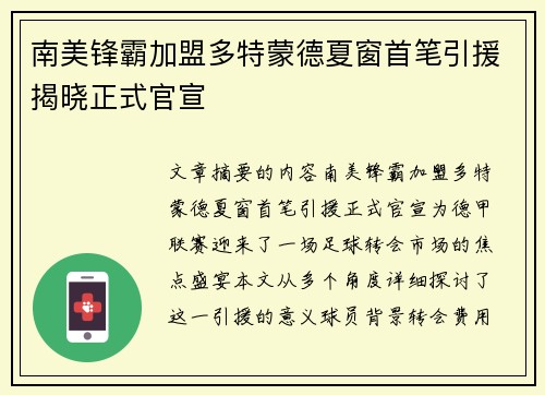 南美锋霸加盟多特蒙德夏窗首笔引援揭晓正式官宣