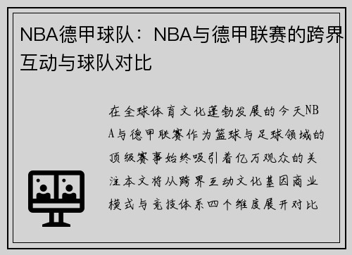 NBA德甲球队：NBA与德甲联赛的跨界互动与球队对比