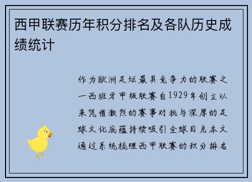 西甲联赛历年积分排名及各队历史成绩统计