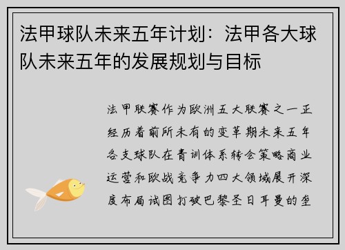 法甲球队未来五年计划：法甲各大球队未来五年的发展规划与目标