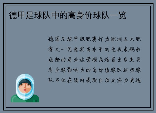 德甲足球队中的高身价球队一览